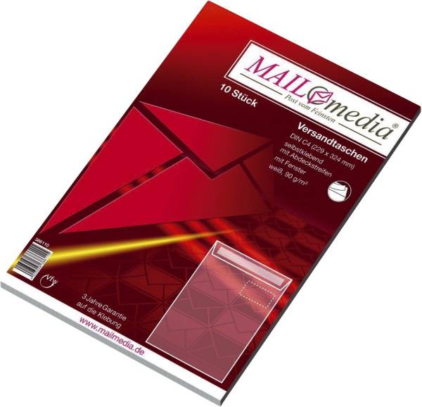 Versandtaschen C4 , mit Fenster, haftklebend, 90 g qm, weiß, 10 Stück