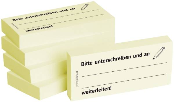 Bedruckte Haftnotizen Text: Bitte unterschreiben und an, weiterleiten