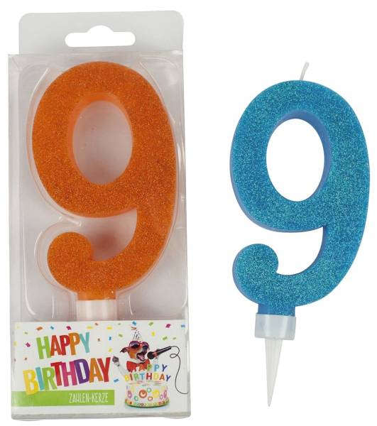 TRENDHAUS Geburtstagskerze Zahl 9 sort. 942074 Maxi Glitter