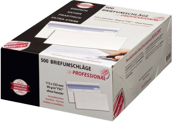 Briefumschlag Revelope 112 x 225 mm, o Fenster, weiß, 90 g qm, Innendruck, Revelope Klebung, 500 Stü