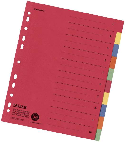 Zahlenregister 1 10, Karton farbig, A4, 5 Farben, gelocht mit Orgadruck