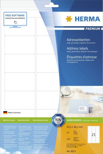 HERMA Adressetiketten Premium 63,5x38,1mm ws 8632 210 St. permanent haftend