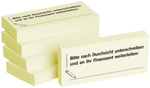 Bedruckte Haftnotizen Text: Bitte nach Durchsicht unterschreiben und an Ihr Finanzamt weiterleiten: