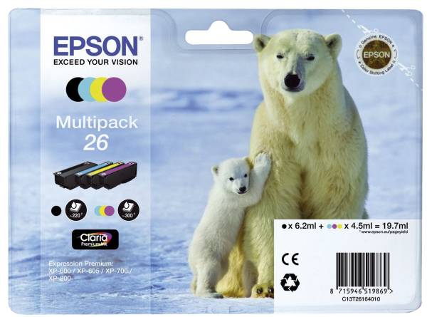 EPSON Inkjetpatrone Nr. 26 sw,c,m,y C13T26164010 Multipack