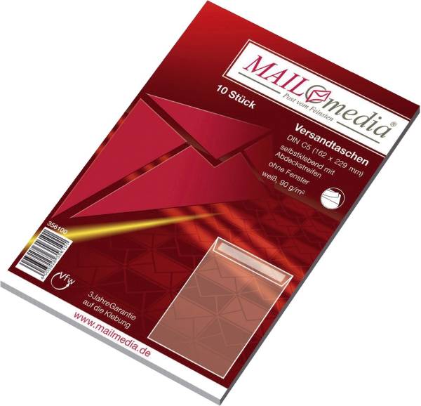 Versandtaschen C5 (162x229 mm) ohne Fenster, haftklebend, 90 g qm, weiß, 10 Stück