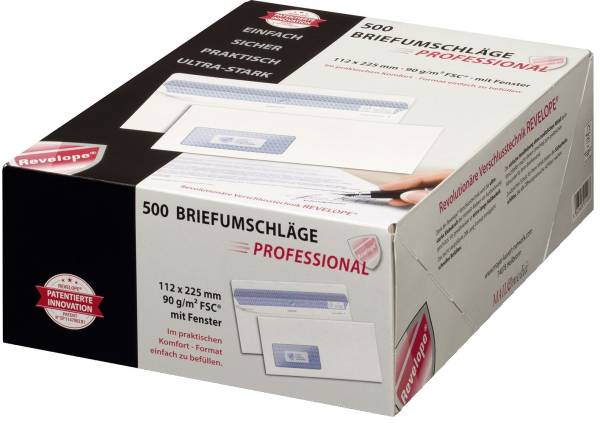 Briefumschlag Revelope 112 x 225 mm, m Fenster, weiß, 90 g qm, Innendruck, Revelope Klebung, 500 Stü