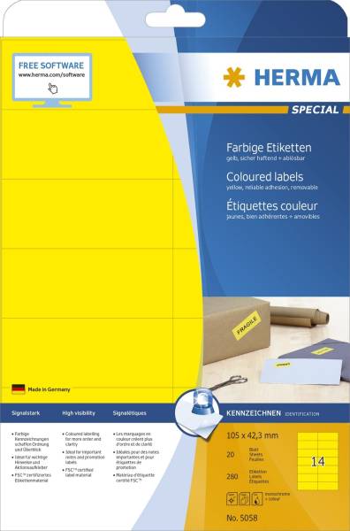 5058 Etiketten gelb, 105 x 42,3 mm, Papier, matt, 280 Stück, ablösbar