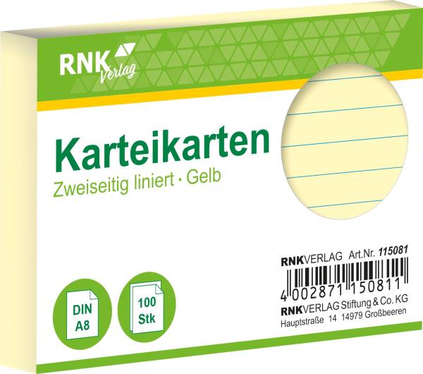 Karteikarten DIN A8, liniert, gelb, 100 Karten