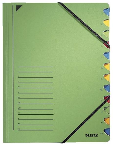 3912 Ordnungsmappe 12 Fächer, A4, Pendarec Karton (RC), 430 g qm, grün