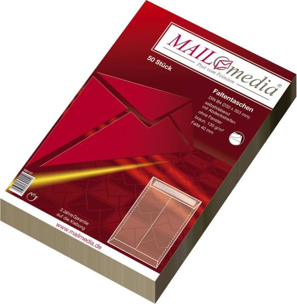 Faltentasche B4,Falte 40mm,haftklebend,m Abdeckstr ,o F ,braun,130 g,50 St