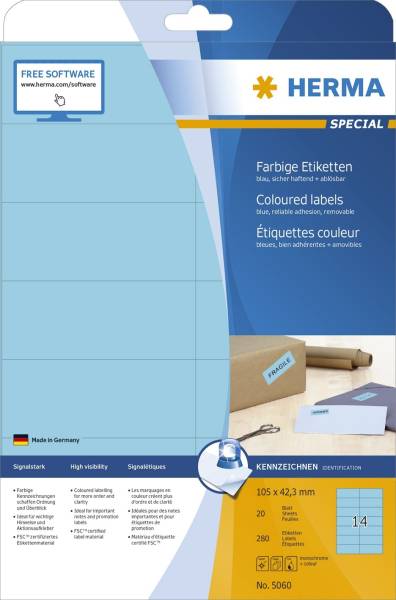 HERMA Universaletiketten 105x42,3mm blau 5060 SuperPrint 280 Stück ablösbar