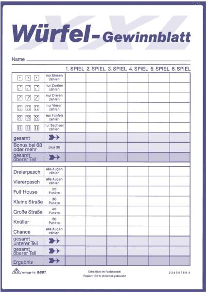 Würfelspiel Gewinnblatt XXL Block, DIN A5, 2 x 85 Blatt