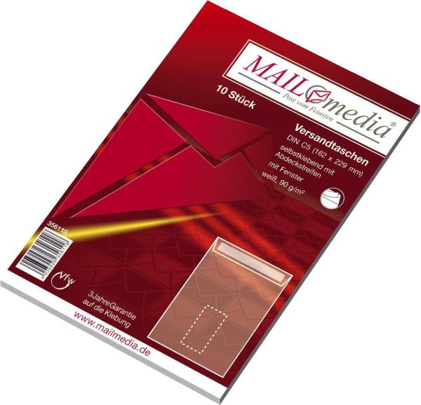 Versandtaschen C5 (162x229 mm) mit Fenster, haftklebend, 90 g qm, weiß, 10 Stück