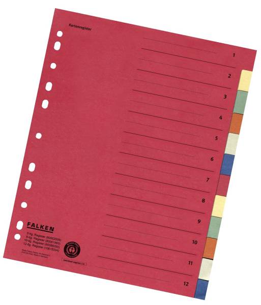 Zahlenregister 1 12, Karton farbig, A4, 6 Farben, gelocht mit Orgadruck