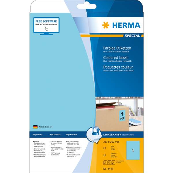 HERMA Universaletiketten 210x297 blau 4423 SuperPrint