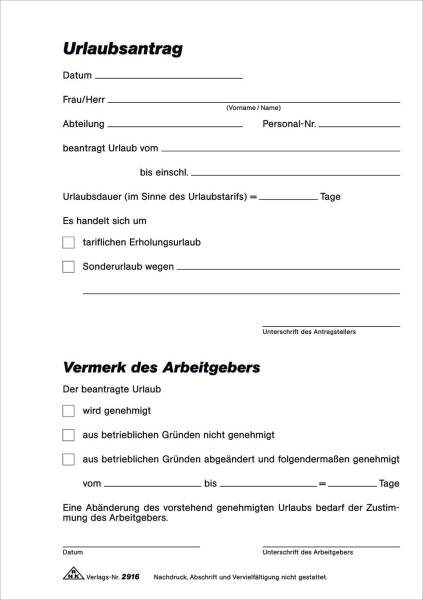 RNK Urlaubsantragblock SD 2916 A5 2x40BL