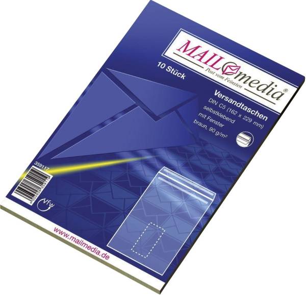 Versandtaschen Recycling C5, mit Fenster, selbstklebend, 90 g qm, braun, 10 Stück