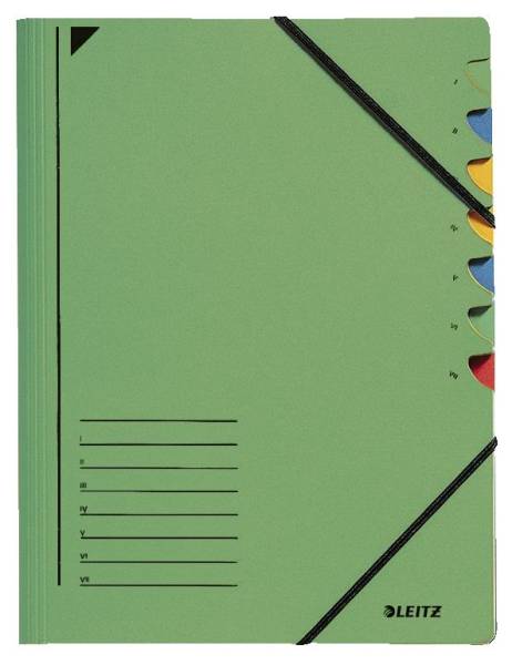 3907 Ordnungsmappe 7 Fächer, A4, Pendarec Karton (RC), 430 g qm, grün
