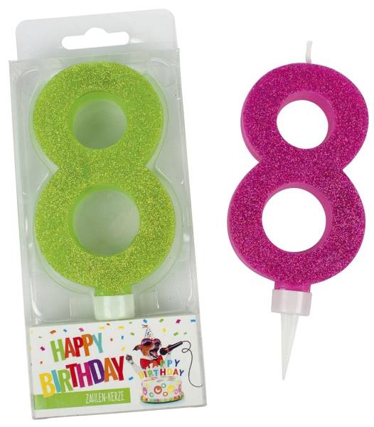 TRENDHAUS Geburtstagskerze Zahl 8 sort. 942067 Maxi Glitter