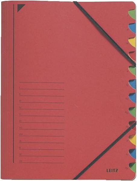 3912 Ordnungsmappe 12 Fächer, A4, Pendarec Karton (RC), 430 g qm, rot