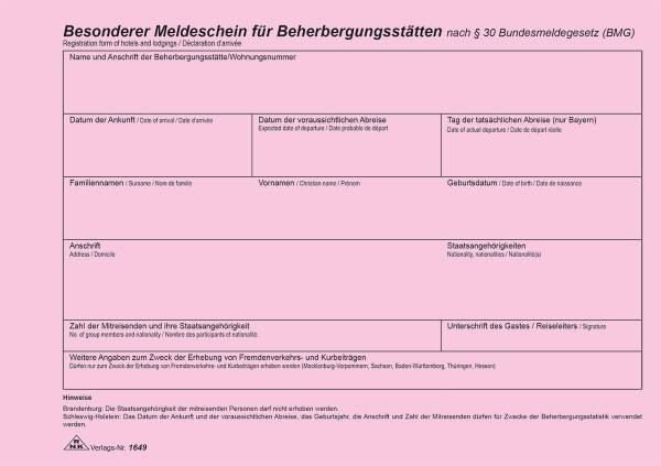 RNK Fremdenmeldeblock A5 1649 neutral/Rheinland-Pf.