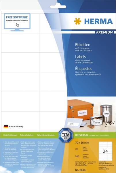 HERMA Etiketten Premium 70x36mm weiß 8638 240 St. permanent haftend