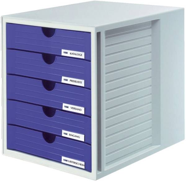 Schubladenbox SYSTEMBOX A4 C4, 5 geschlossene Schubladen, lichtgrau blau