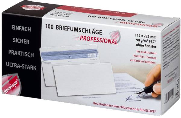 Briefumschlag Revelope 112 x 225 mm, o Fenster, weiß, 90 g qm, Innendruck, Revelope Klebung, 100 Stü