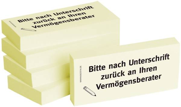 Bedruckte Haftnotizen Text: Bitte nach Unterschrift zurück an Ihren Vermögensberater