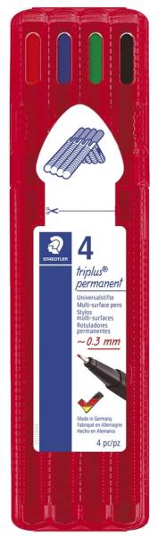 Feinschreiber triplus 0,3 mm, Aufstellbox rot, 4 Farben®