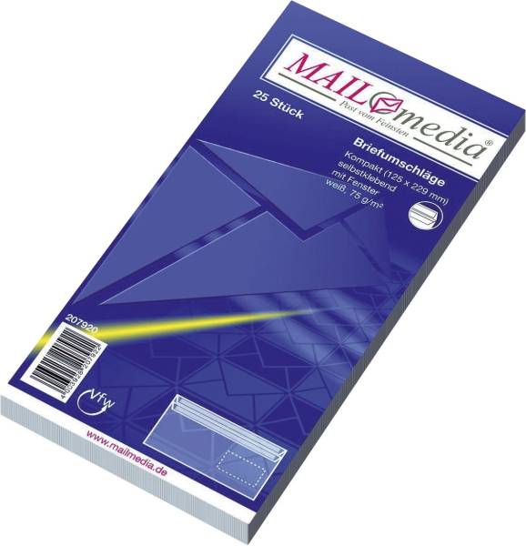 Kompaktumschläge mit Fenster (229x125 mm), selbstklebend, 75 g qm, 25 Stück