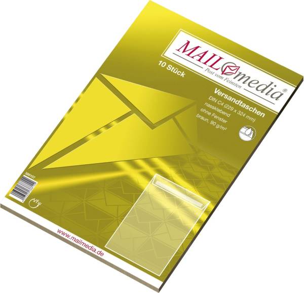Versandtaschen C4 , ohne Fenster, gummiert, 90 g qm, braun, 10 Stück