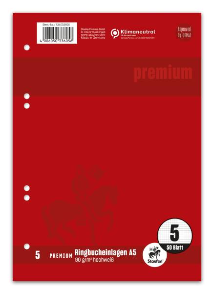 STAUFEN PREMIUM Ringbucheinlage A5 50BL Lin.5 weiß 734033605 6-Loch