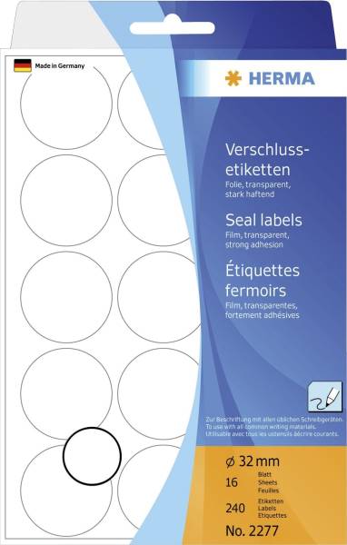 2277 Verschlussetiketten Ø 32 mm, rund, transparent, extrem stark haftend, Folie, matt, 240 Stück