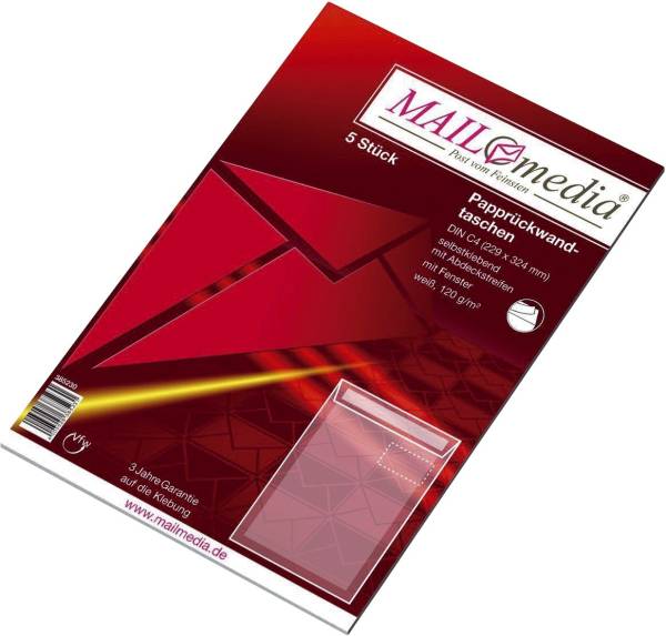Papprückwandtaschen C4, mit Fenster, 120 g qm, weiß, 5 Stück