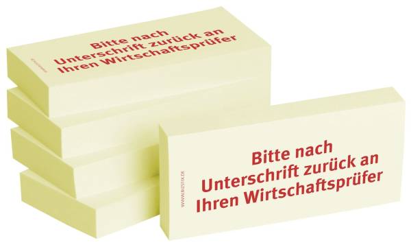 Bedruckte Haftnotizen Text: Bitte nach Unterschrift zurück an Ihren Wirtschaftsprüfer