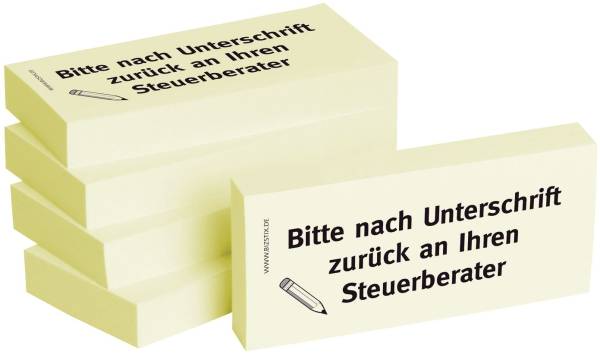 Bedruckte Haftnotizen Text: Bitte nach Unterschrift zurück an Ihren Steuerberater