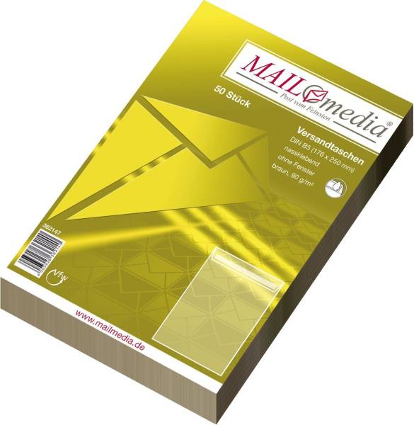 Versandtaschen Recycling B5 , ohne Fenster, gummiert, 90 g qm, braun, 50 Stück