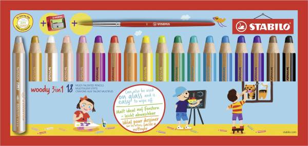 Multitalent Stift woody 3 in 1, 18er Kartonetui + 1 Spitzer + 1 Pinsel