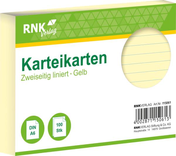 Karteikarten DIN A6, liniert, gelb, 100 Karten