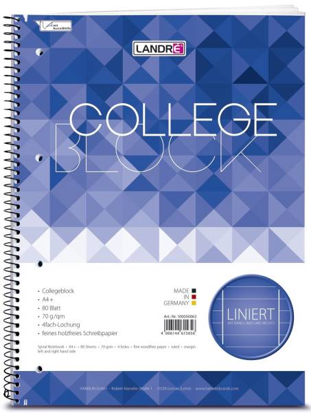 Collegeblock chlorfrei 70 g qm, A4+, 9mm liniert, beidseitig Rand, LIN 37, 80 Blatt