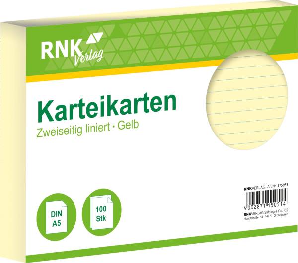 RNK Karteikarte A5 100 ST gelb 115051 liniert