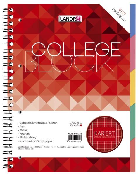Collegeblock mit Register A4+, kariert, 70 g qm, 80 Blatt