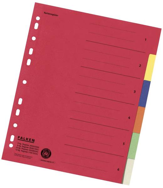 Zahlenregister 1 6, Karton farbig, A4, 6 Farben, gelocht mit Orgadruck