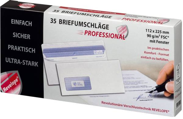 Briefumschlag Revelope 112 x 225 mm, m Fenster, weiß, 90 g qm, Innendruck, Revelope Klebung, 35 Stüc