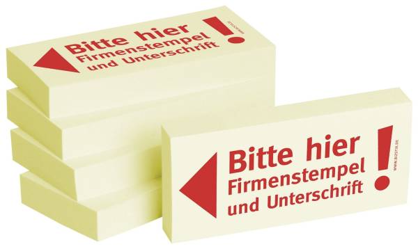 Bedruckte Haftnotizen Text: Bitte hier Firmenstempel und Unterschrift