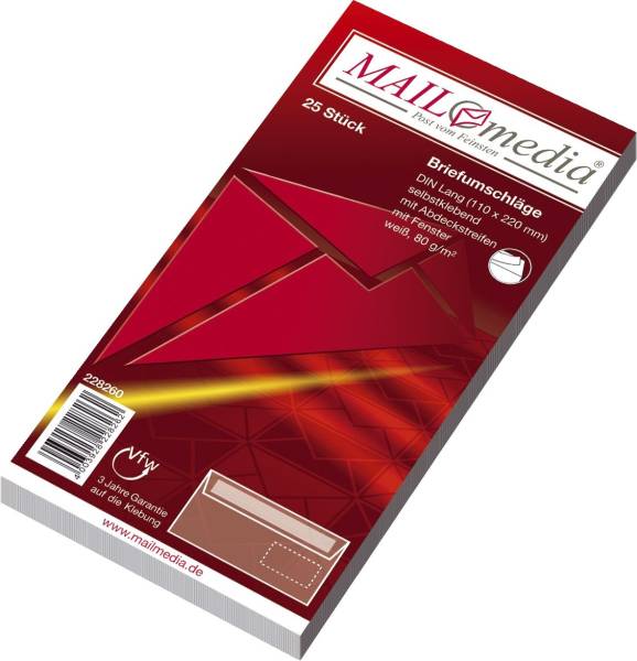 Briefumschläge DIN lang (220x110 mm), mit Fenster, haftklebend, 80 g qm, 25 Stück