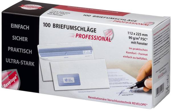 Briefumschlag Revelope 112 x 225 mm, m Fenster, weiß, 90 g qm, Innendruck, Revelope Klebung, 100 Stü
