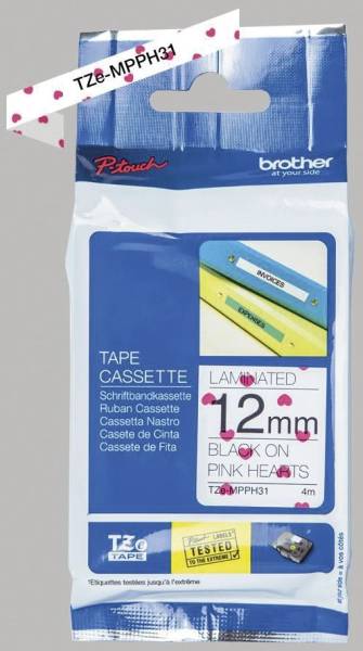 BROTHER Schriftband Herzen 12mm rosa/schwarz TZEMPPH31
